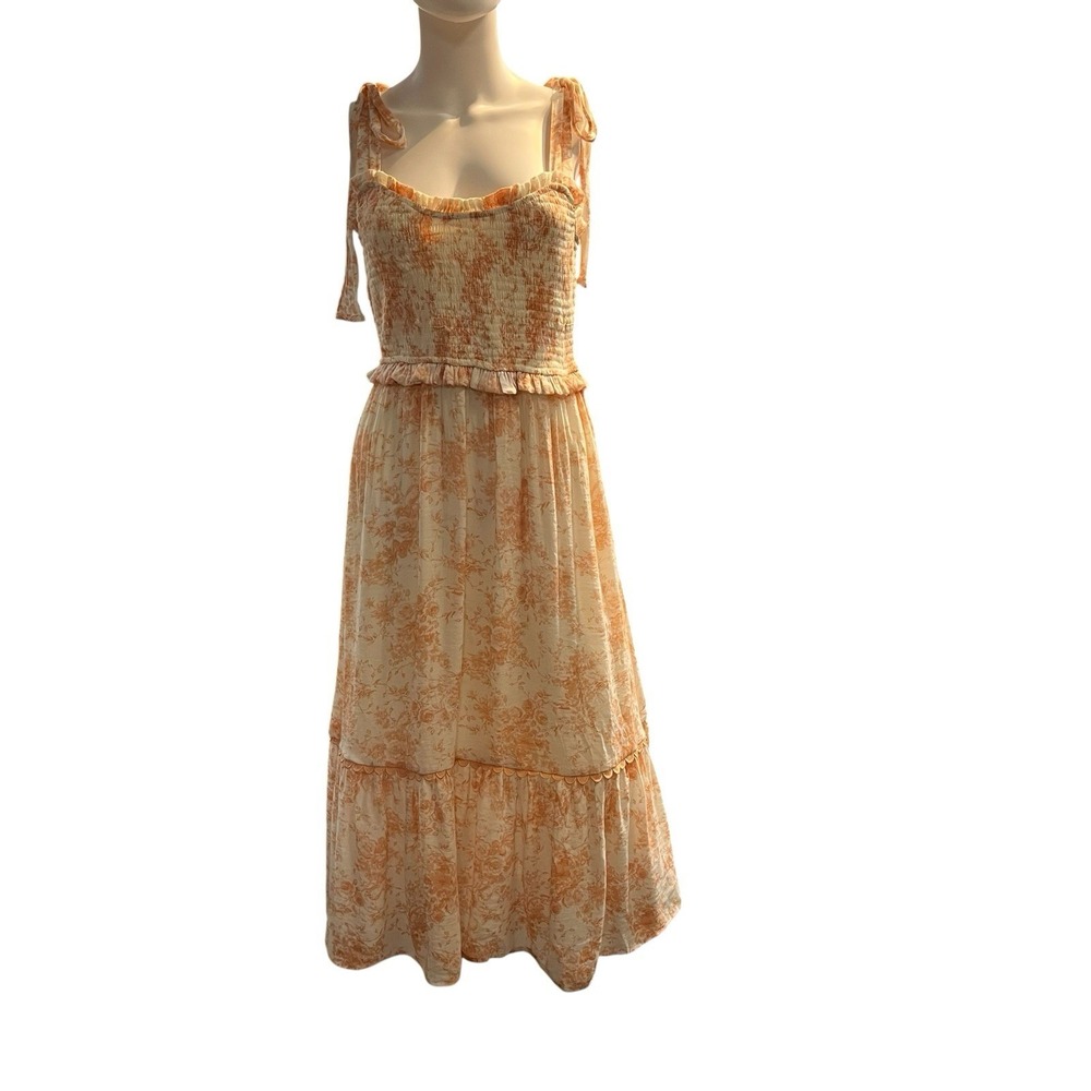 Floral Smocked Tiered Maxi Dress L Strappy Tie Shoulders Earthy Boho Event